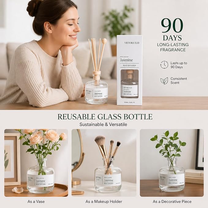 Jasmine Reed Diffuser, 3.5 Fl Oz | Floral Fragrance Lasts 12 weeks, Flameless & Safe. Perfect for bedroom/office. Natural oils, gift, 3.5 oz.