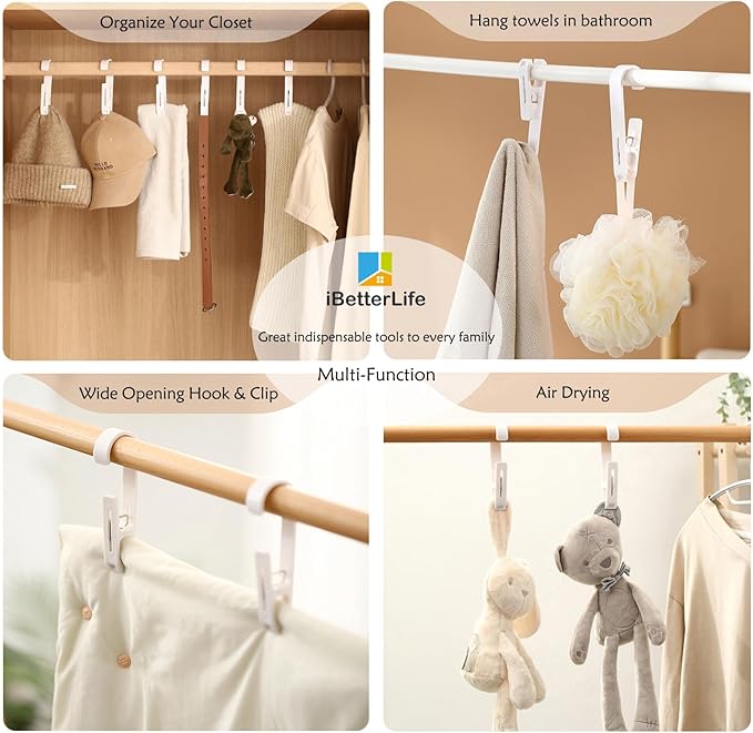 iBetterLife Clothes Pins Laundry Hooks - Heavy Duty Outdoor Towel Hanger with Clips for Hanging Socks Boot Bras Shower Pegs Closet Organizer Clamps for Bathroom Wardrobe Kitchen Office, 4Pcs Gray