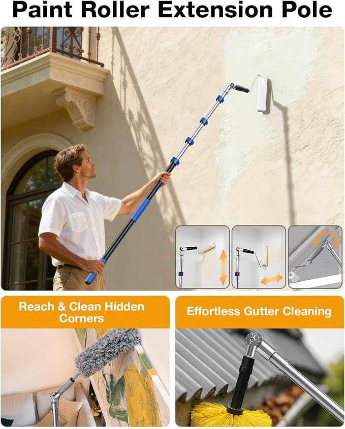 Telescoping Pole, with Joint Angle & Squeegee Adaptor, Aluminum Telescopic Paint Roller Extension Pole & Extendable Pole, Anti-Slip Foam Grip, Multi-Purpose Gutter Window Dust Cleaning Pole (36 FT)