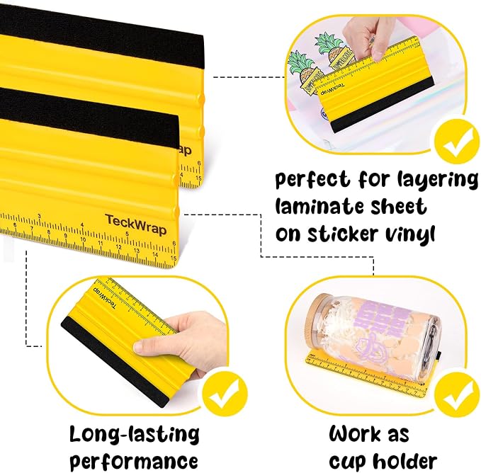 TECKWRAP Professional Felt Squeegee for Vinyl, Yellow, 2 PCS, 6"x2.9" | For Vinyl Decals, Inkjet Vinyl Sticker Paper, Wallpaper, Scratch-Free Application