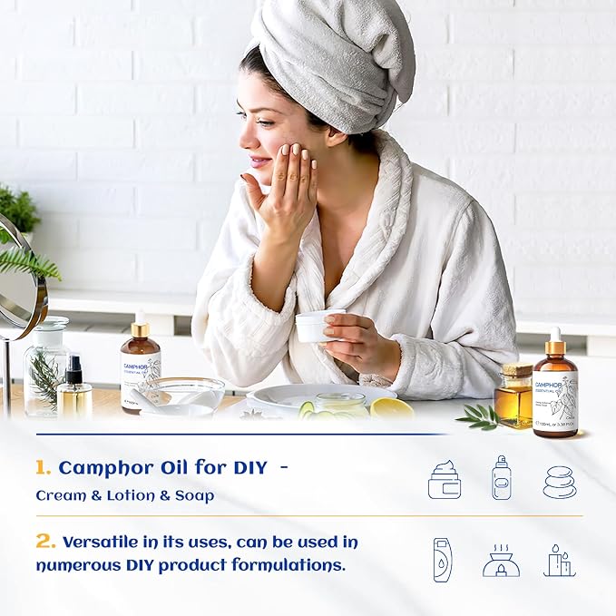 HIQILI Camphor Essential Oil for Aromatherapy, Diffuser, Massage | Skin Care, DIY Blends, Candle & Soap Making, with Dropper & Empty Bottle - 100mL / 3.38 fl oz