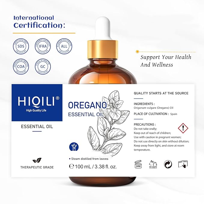 HIQILI Oregano Essential Oil for Diffuser,Skin & Home Cleaning | for Aromatherapy Diffuser,Skin Care,Household Cleaning, Large Capacity for Home Use - 100mL/3.38 fl oz