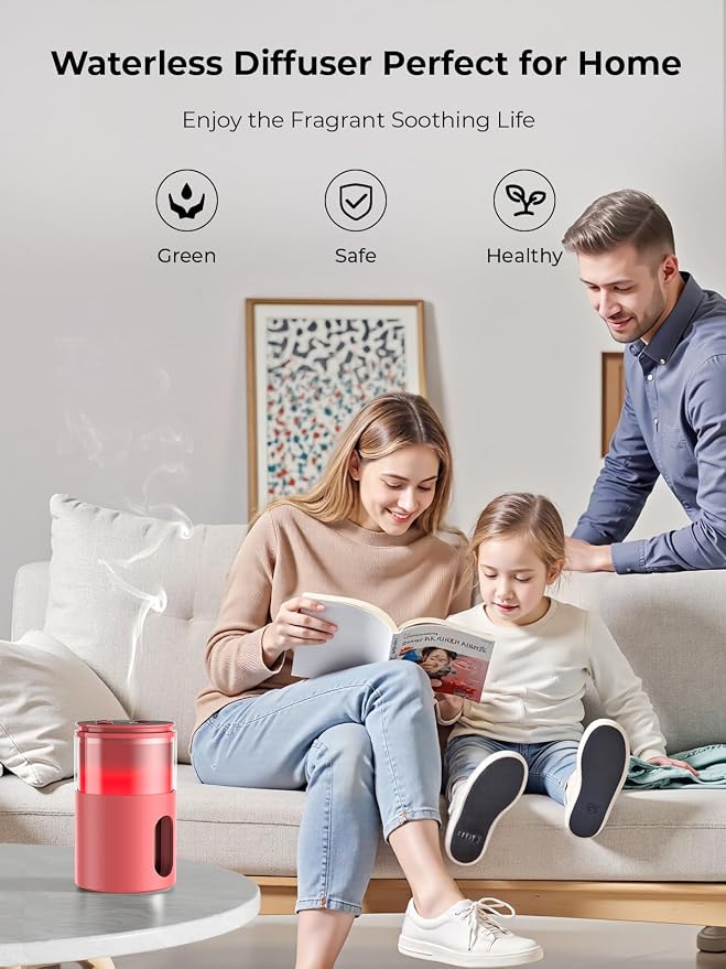 Waterless Essential Oil Diffuser: 𝟗-𝐂𝐨𝐥𝐨𝐫 𝐋𝐄𝐃 Bright Red | Portable Scent Diffuser - No Water No Heat For Pure Aroma - 48H Battery 3 Mist Levels & 4 Timers for Car Office