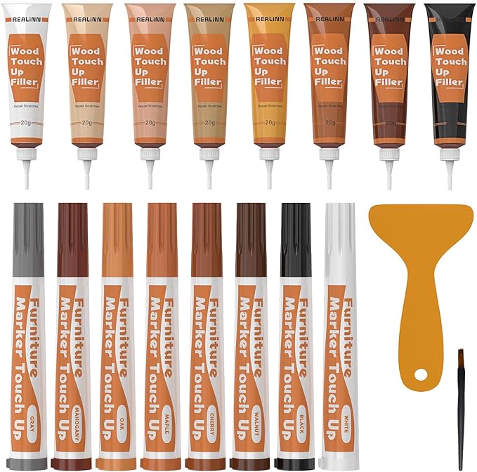 REALINN Wood Furniture Repair Kit 8 Light Colors- Wood Fillers and Touch Up Markers, Repair Scratch, Cracks, Discoloration for Wooden Door, Floor, Table, Cabinet