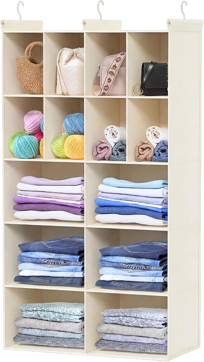 5 Tier Hanging Closet Organizer, 14 Compartments Dual Row Storage, Beige | Closet Organizers and Storage with Large & Small Pockets, 3 Sturdy Hooks Support Heavy Loads, Ideal for Dorm, Garment Rack