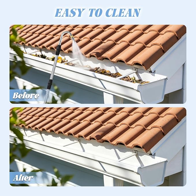 2-IN-1 20FT Reach Gutter Cleaning Tools, 12FT Telescoping Gutter Cleaning Tool with Bendable Wand & Curved Wand, 360° Rotating Nozzle, Adjustable Spray Patterns, Hose Attachment for Garden, Car Wash
