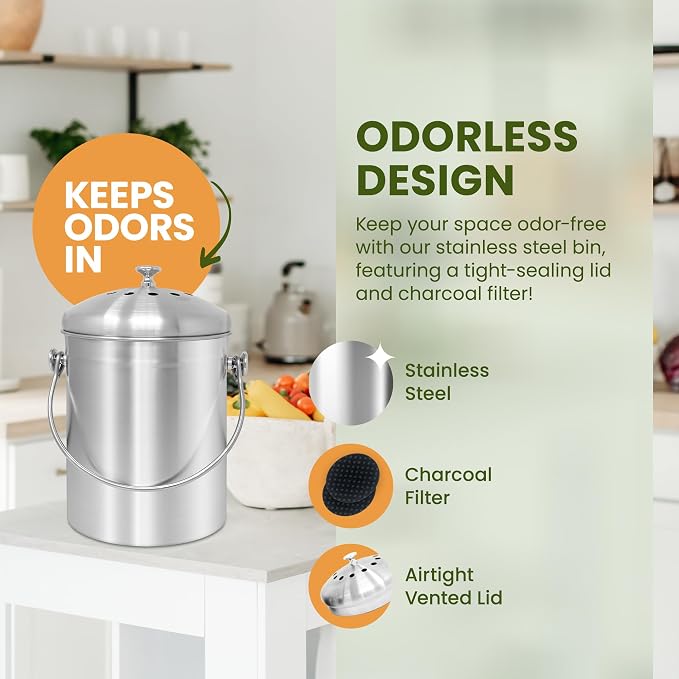 Reli. 1.3 Gallon Stainless Steel Compost Bin for Kitchen | Charcoal Filters | Silver, Indoor Composting Bin with Charcoal Filters | Odorless Food Waste Countertop Bucket