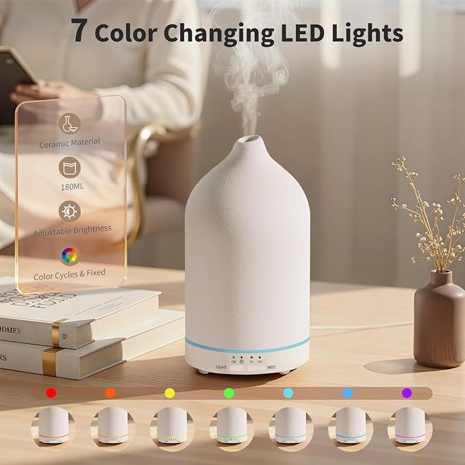 URPOWER 180mL Ceramic Essential Oil Diffuser Aromatherapy Diffuser for Home | Enjoy Relaxing Aromatherapy with Ultrasonic Mist, Auto-off Protection and 7-Color LED Lighting Every Day