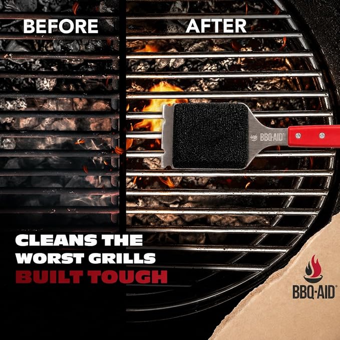 Bristle Free Grill Brush Cleaner and Scraper for Barbecue, Replaceable Head | Safe Bristle-Free Stainless Steel Scrub Pad with Heavy-Duty Scraper & Long Red Handle, Safe on Any Grill Grate