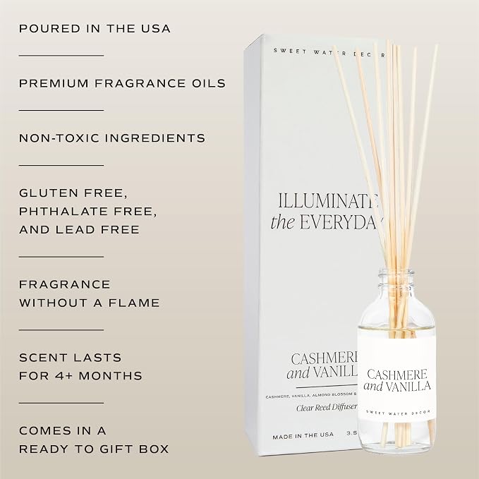Sweet Water Decor Non-Toxic Cashmere and Vanilla Reed Diffuser Set, Cashmere, Sandalwood, Milky Coconut, Bourbon Vanilla Scented Diffuser for Home, Light Fragrance, Made in the USA, 3.5 FL OZ