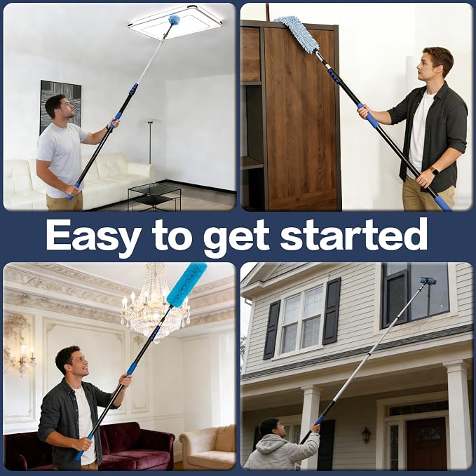 20FT High Reach Duster Cleaning Kit with 5-12 FTExtension Pole, High Ceiling Fan Cleaner Duster Tool for Fan Blades, Extendable Reusable Cobweb, Feather, Window Cleaning Squeegee Kit (12FT)