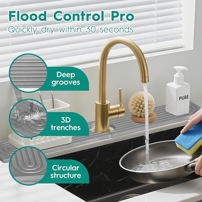 24 Inch Stone Faucet Mat for Kitchen Sink,Kitchen Sink Splash Guard-Water Absorbing Stone Tray for Sink,Super Absorbent, Diatomite Protector with Drainage for Kitchen Bathroom Counter(Light Grey)
