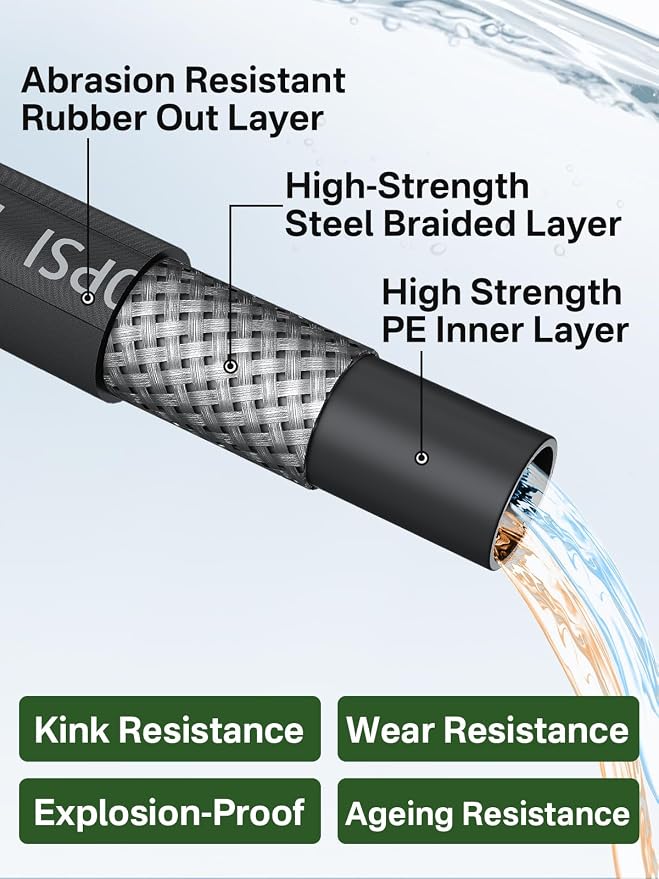 3/8" 4800PSI Pressure Washer Hose 150FT with Swivel Quick Connect for Cold/Hot Water Max 248°F, Kink Resistant Steel Wire Braided, Wear Resistant Power Washer Hose with M22 14mm Adapter