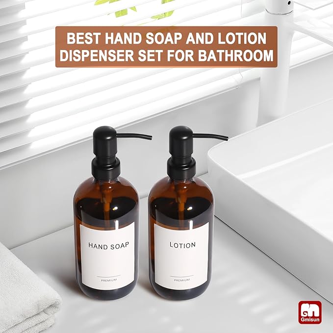 GMISUN Amber Glass Soap Dispenser, 4 Pack Bathroom Hand Soap Dispensers with Stainless Steel Pump, 17 Fl Oz Kitchen Hand and Dish Soap Dispenser Set, Modern Vintage Liquid Brown Soap Dispensers Bottle