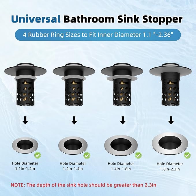 iFealClear All Metal Bathroom Sink Stopper, Pop Up Sink Drain Strainer with Removable Stainless Steel Filter Basket, Universal for 1.1"-2.36" US Sink, Brass Bounce Core, Hair Catcher, Matte Black