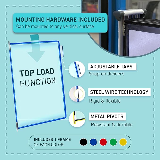 Tarifold Magnetic Wall Mount Reference System, 5 Pockets, Assorted | 5 double-sided PVC pockets hold 10 letter-size sheets, magnetic mounting plate, snap-on index tabs, easy to install