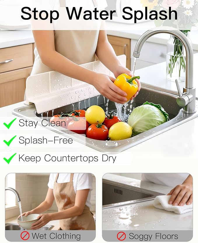 23 Inch Silicone Sink Splash Guard - Kitchen Sink Water Splash Guard with Strong Suction Cups, Removable Splash Guard for Sink, Washbasin & Bathtub - White