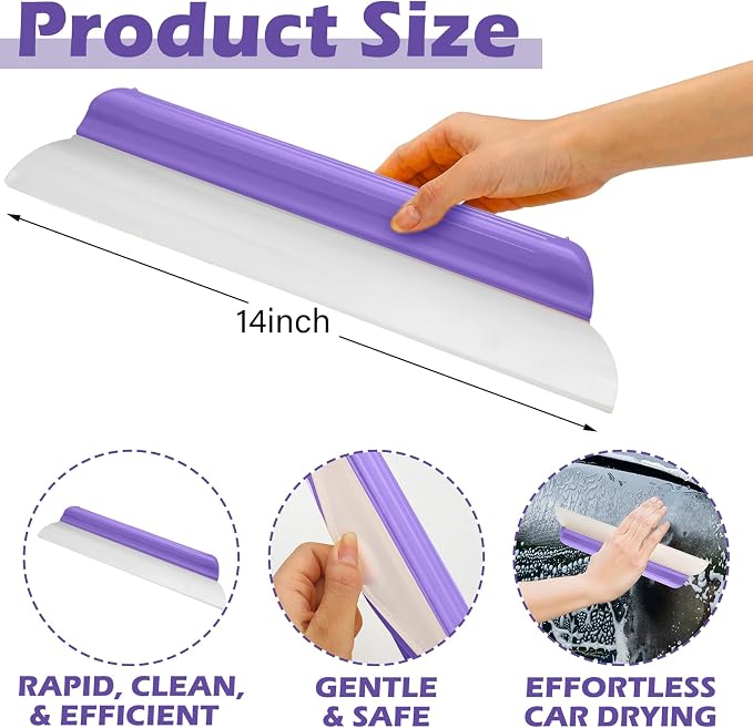 2 Pack 14 Inch Car Drying Squeegee Purple Silicone Window Blade | Flexible Silicone for Drying Windshield Shower Glass, Bathroom Window Cleaner, T-bar Design, Long Handle Wash Tool