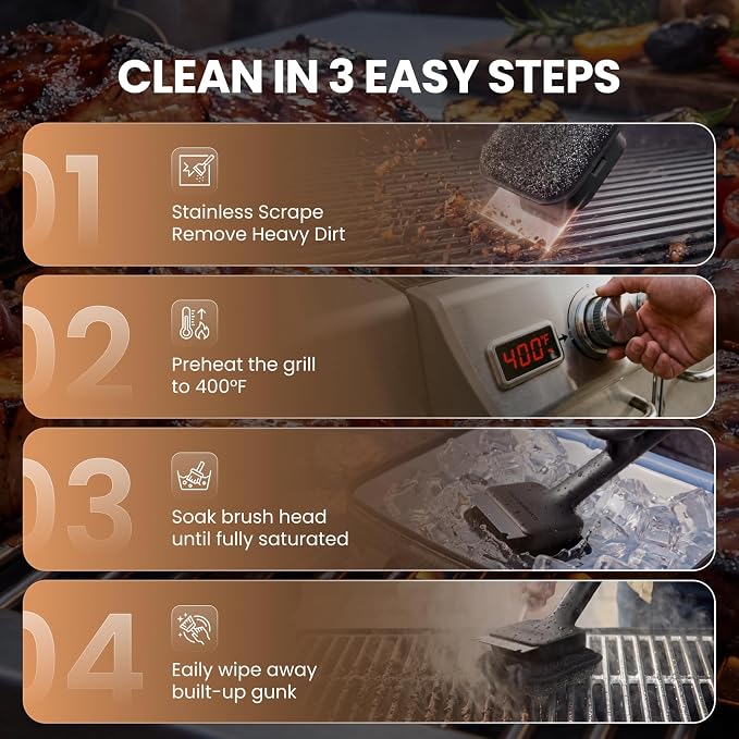 ThermoMaven BBQ Grill Brush Bristle Free - 17" Safe Steam Grill Cleaner Brush with Scraper and 5 Brush Heads for Porcelain/Gas/Charcoal Grill Outdoor Grill Barbecue Cleaner