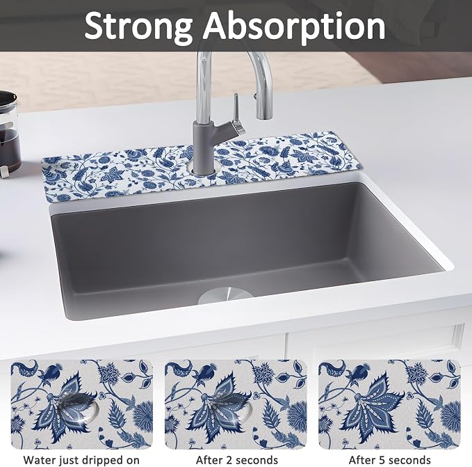 24" X 5.5" Kitchen Sink Splash Guard Faucet Mat Flora Super Absorbent Fast Drying Faucet Guard & Draining Mat Sink Splash Guard Behind Faucet for Kitchen, Bathroom