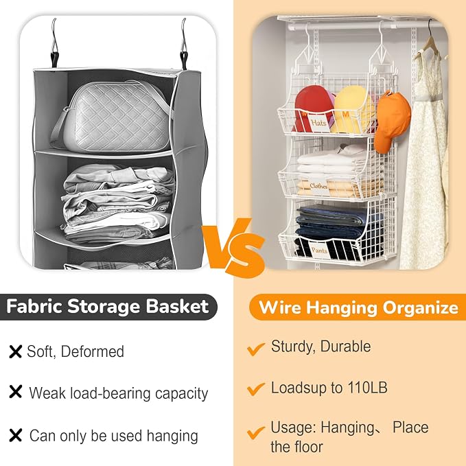Hanging Closet Organizers and Storage, 2 Tier Closet Shelf Clothes Organizer with 2 S-Hooks, Multi-Functional Iron Wire Baskets, for Clothing, Sweaters, Handbags, Hat, Canned