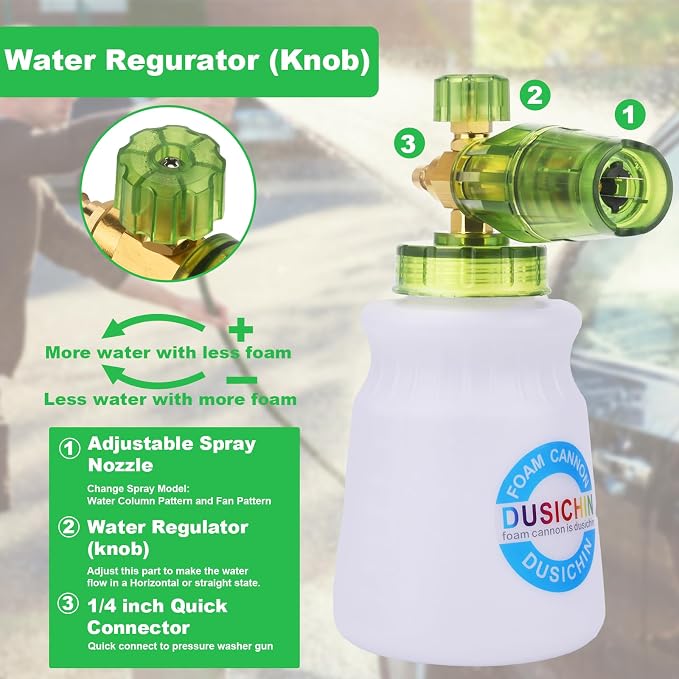 Pressure Washer Accessory Short Handle Foam Cannon | 3000 PSI Car Wash Kit Snow Foam Lance Snubby Gun Sprayer 1/4" Quick Connector 5 Nozzles M22-14mm Fitting 1L Bottle DUS2702