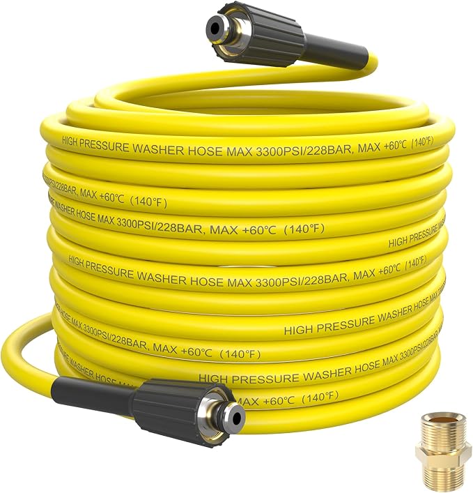 PVC Pressure Washer Hose 50 FT x 1/4", Kink Resistant Power Washer Hose, High Pressure Water Hose Extension Replacement for Home Use with M22-14mm Brass Fittings, 3300 PSI, Yellow