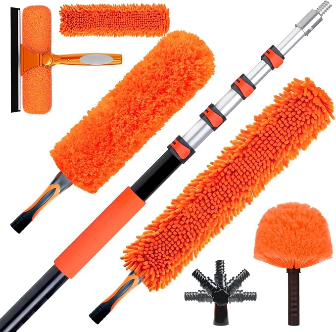 26FT High Reach Duster Cleaning Kit with 5-20 FTExtension Pole, High Ceiling Fan Cleaner Duster Tool for Fan Blades, Extendable Reusable Cobweb, Feather, Window Cleaning Squeegee Kit(20FT)