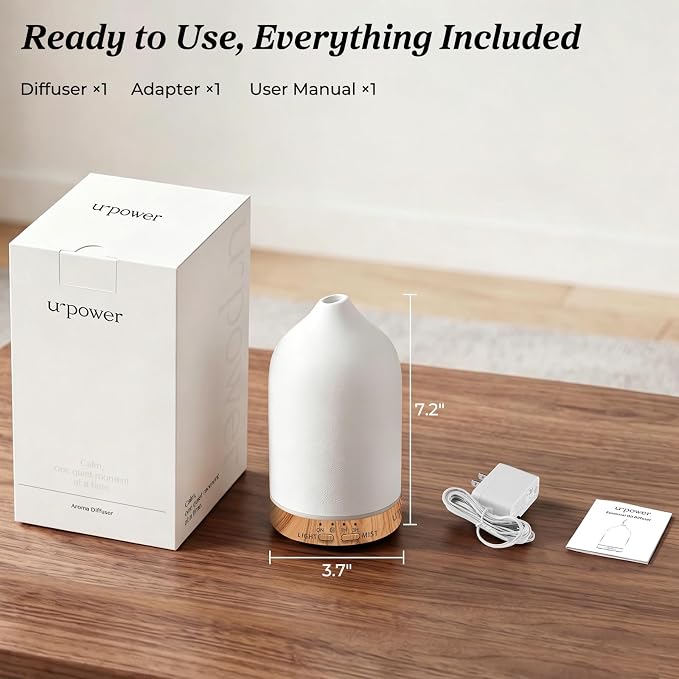 URPOWER 180mL Ceramic Essential Oil Diffuser Aromatherapy Diffuser for Home | Features Ultrasonic Mist, Auto-off Protection and 7-Color LED Lighting for A Relaxing Everyday Aromatherapy Experience