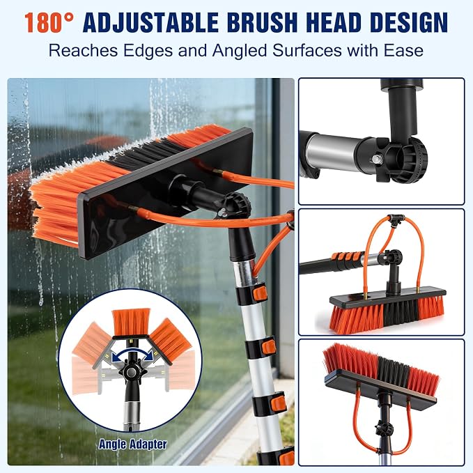 Up to 30FT Reach Water Fed Pole Window Cleaning System, 24FT Telescopic Pole with 180° Rotating Brush & Soap Dispenser, Solar Panel Cleaning Kit for Windows, Gutters & RV