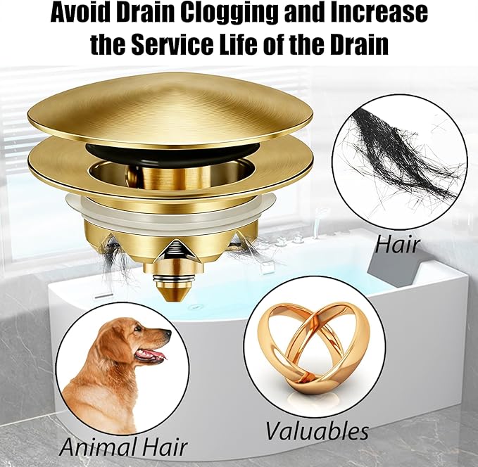 Anlige Bathtub Drain Stopper, Pop Up Tub Stopper and Cover, Bottom with Hair Catcher, Universal for 1.45 in to 1.8 in Drain, Replaces Old Drain Plug, Brushed Gold