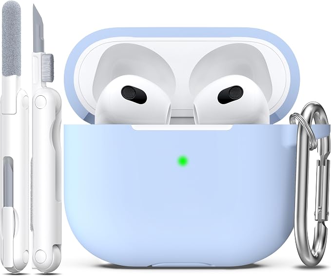 R-fun Compatible with AirPods 3 Case Cover, Silicone Protective Accessories Skin with Keychain Compatible with Apple AirPod 3rd Generation 2021 for Women Men Girls Boys,Front LED Visible,Sky Blue