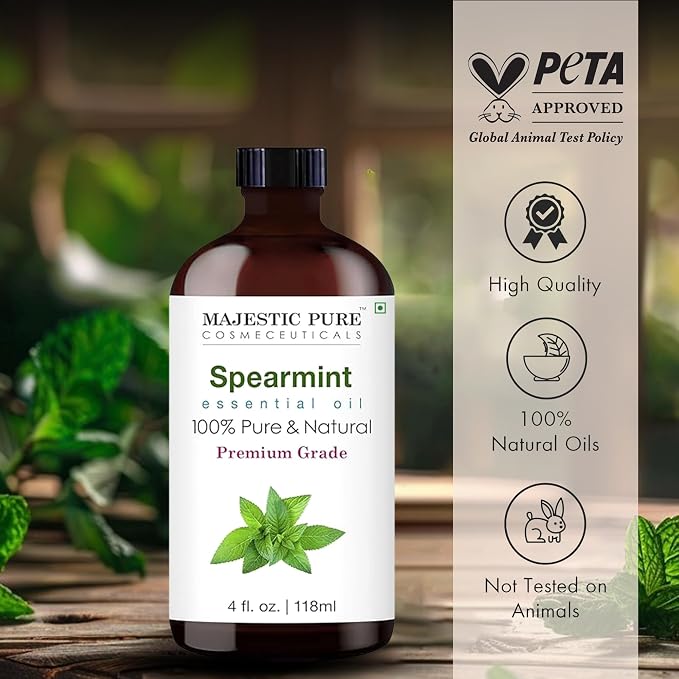Majestic Pure Spearmint Essential Oil for Diffuser - 4 Fl Oz | 100% Natural Essentials Oils Ideal for Humidifier, Air Freshening, Cleaning Home, Bath, Steam Inhalation and Massage