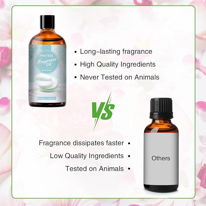 PHATOIL Baby Powder Fragrance Oil for Diffuser Aromatherapy 3.38FL.OZ | Long Lasting Scented Oils For Humidifier, Air Freshener, DIY Soap Candle, Scent Project Making, Aroma Oil for Home Freshening
