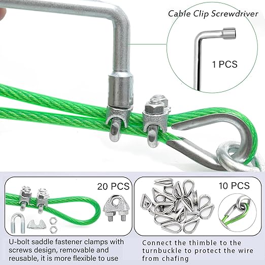 1/8" Wire Rope, 100 Ft PVC Coated Wire Cable Metal Steel Cable Trellis Kit, Multi-use Clothes Line for T Post/Climbing Grapevines Plants Outdoor/String Light Hanging Kit