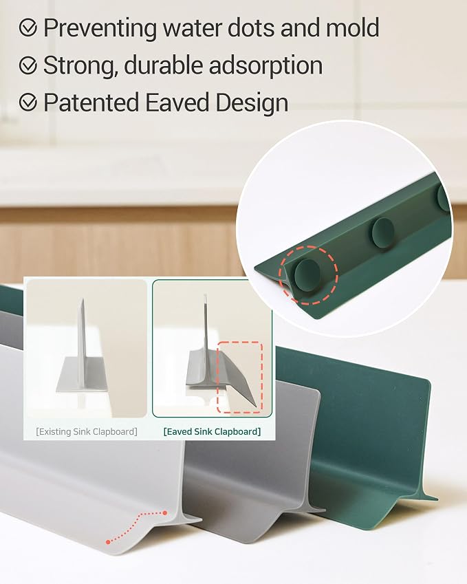 DEARCUS Kitchen Sink Splash Guard 19.7 inches - Soft Silicone Water Shield, Strong Suction Non-Slip, Dishwasher Safe and Easy-to-Clean for Mess-Free Cooking and Dishwashing (Deep Green)