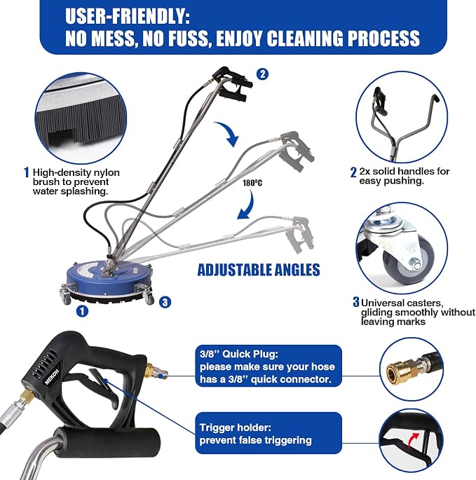 MEKOH 20” Heavy-Duty Pressure Washer Surface Cleaner with Wheels, 4500PSI | Dual-Handle Power Washer Attachment for Large Driveway Sidewalk Deck Patio Concrete Streak-free Cleaning, 3/8'' Quick-Connect