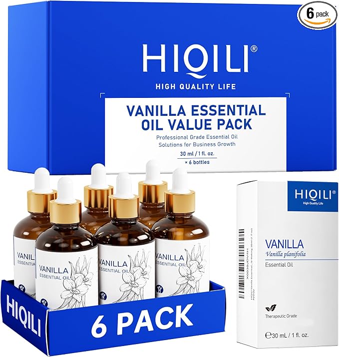 HIQILI Vanilla Essential Oil Set, Value Pack for Family, Business Supply | Bulk for SPA, Hotel, Home, Car Fragrance, Candle Soap Making Scent, Handmade DIY Crafting Material - 1 fl oz (6 Pack)