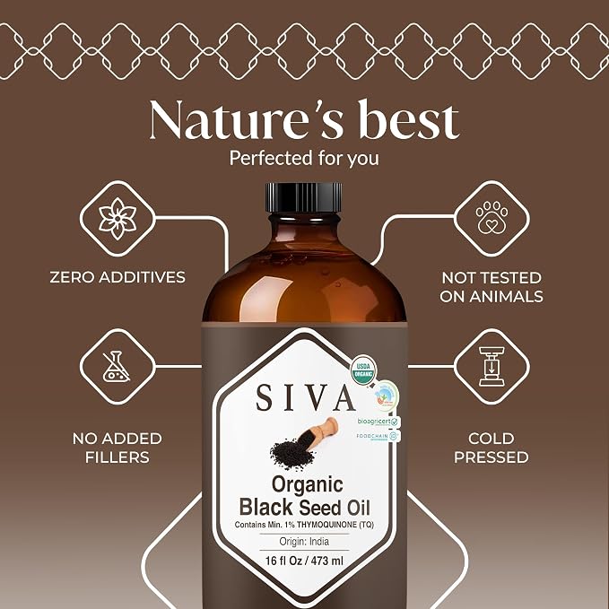 Siva Organic Black Seed Carrier Oil, Large Size, 16 Fl Oz (473 ml) | Organic Black Seed Oil for Hair Care, Hair Oiling, Scalp Massage, Skin Care, Body Massage & DIY Recipes in Glass Bottle