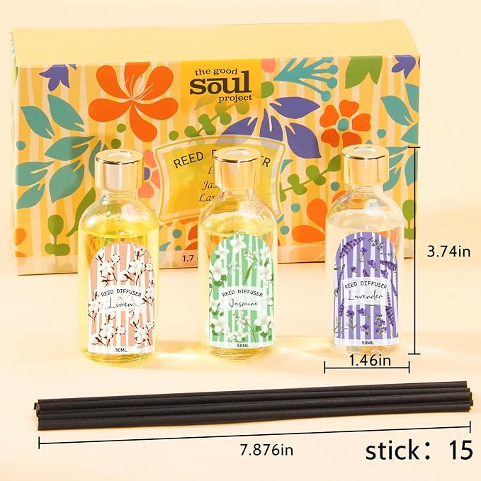 Reed Diffuser Set of 3 - Linen Lavender Jasmine Oil Diffuser with 15 Sticks, Reed Diffusers for Home Bathroom Shelf Air Freshener, 1.7 Fl. Oz Each, Total 5.1 Fl. Oz
