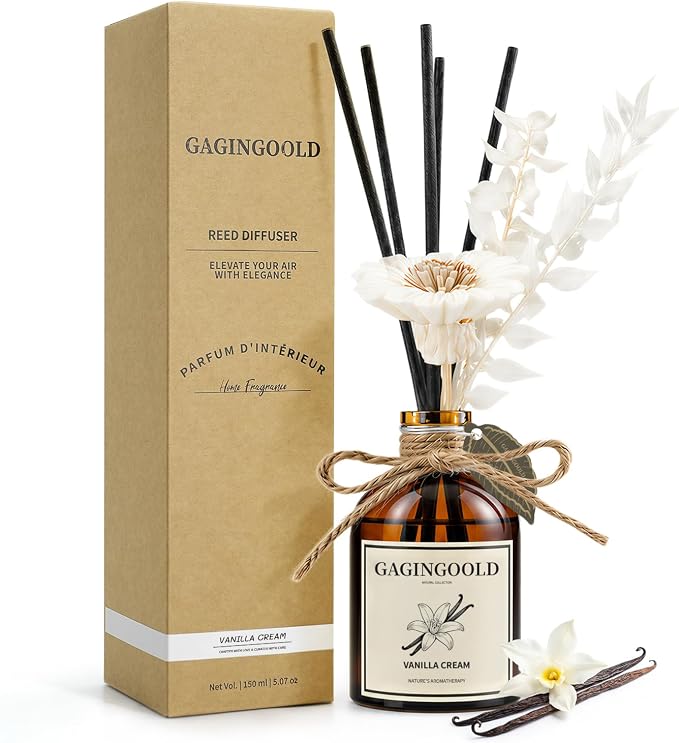 Reed Diffuser Set, Vanilla Cream Scent Diffuser with 10 Sticks & Decorative Flower, Long Lasting Diffusers for Home Fragrance, Vintage Decor for Bathroom Bedroom Office Shelf, 5 Fl.oz