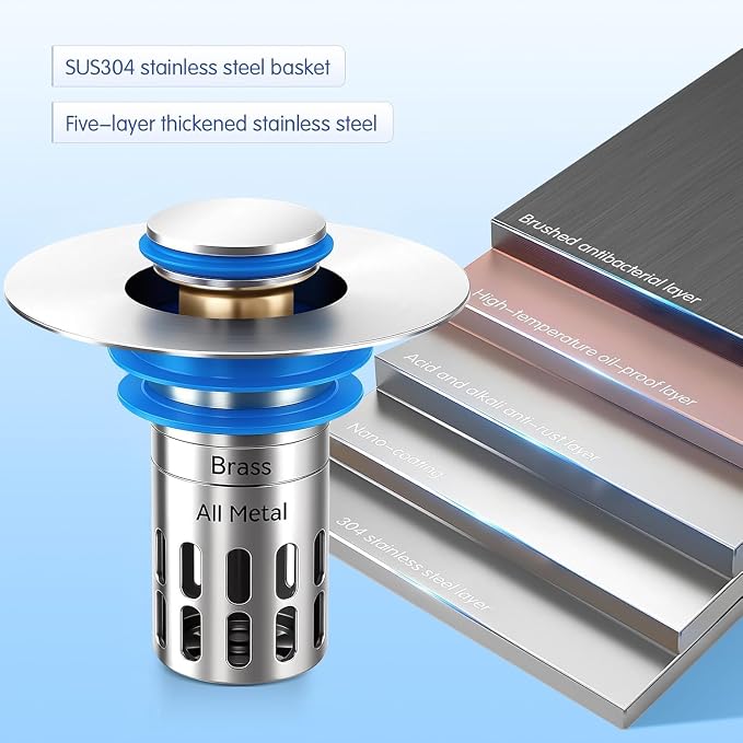 (All Metal) Bathroom Sink Stopper, Pop Up Drain Strainer for Bathroom Sink, Sink Plug Hair Catcher, Silent Popper Core w/Removable Filter Basket,Fit 1.05~2.0''Basin (Chrome, 1 Pack)