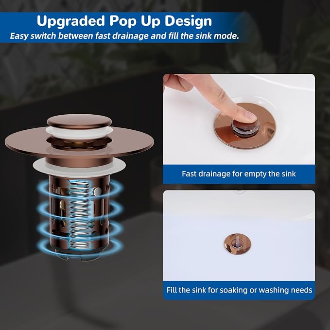 Hibbent Upgraded 3 in 1 Bathroom Sink Drain Strainer, Universal Pop Up Stopper with Removable Stainless Steel Filter Basket Hair Catcher, Sink Plug for 1.1''~2.36'' Basin, Brass Bullet Core, Rose Gold