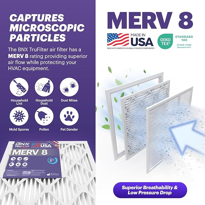 BNX TruFilter 18x24x1 Air Filter MERV 8 (6-Pack) - MADE IN USA – Dust & Pet Defense Electrostatic Pleated Air Conditioner HVAC AC Furnace Filters for Dust, Pet, Mold, Pollen MPR 600 – 700 & FPR 5