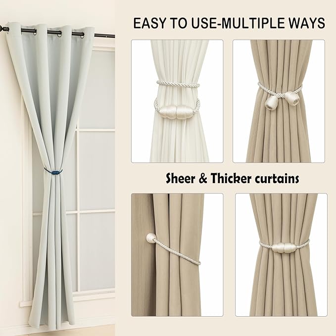 Magnetic Curtain Tiebacks Rope Tie Backs 2 Pack Curtains Holders for Drapes Decorative Window Holdbacks, White