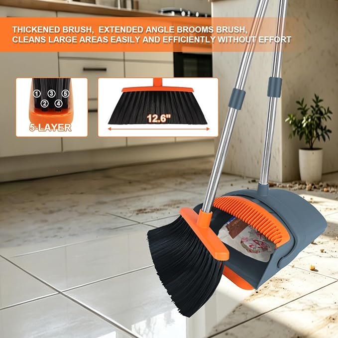 Broom and Dustpan Combo Set, 52" Long Handle with Squeegee & Mini Set | Orange Complete Cleaning Kit, Floor Squeegee for Wet & Dry Messes, Built-in Comb Dustpan, Mini Broom Set，for Home & Pet Areas