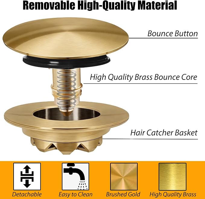 Anlige Bathtub Drain Stopper, Pop Up Tub Stopper and Cover, Bottom with Hair Catcher, Universal for 1.45 in to 1.8 in Drain, Replaces Old Drain Plug, Brushed Gold