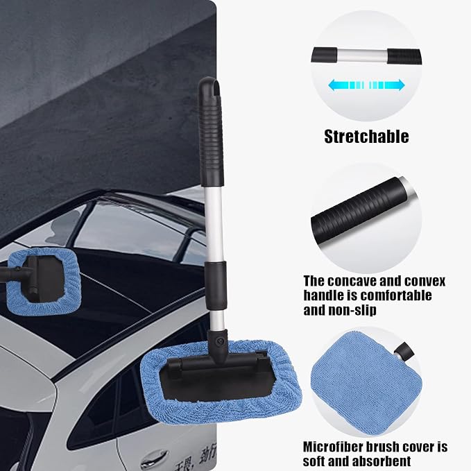 Car Glass Cleaner Wiper,Windshield Cleaning Tool, Microfiber Window Cleaner with Extendable Handle,Auto Glass Wiper Kit(Blue Square)