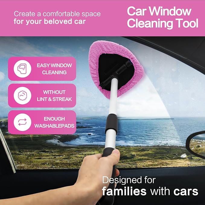 Windshield Cleaner Tool 22.5" L - Car Interior&Exterior Window Cleaning Kit with Extendable Handle&4 Microfiber Pads and Thick Large Wash Sponge, Auto Glass Wiper Brush Kit for Cars Home (7pcs Pink)
