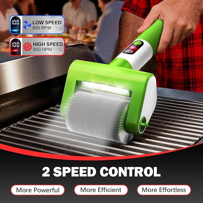 Electric Grill Brush, 2-Speed BBQ Grill Brush with LED Light/Screen Powerful Cleaning 800RPM/4000mAh/2 Brush Heads No Bristle Shedding Rechargeable Lightweight Grill Cleaner for Outdoor/Camping